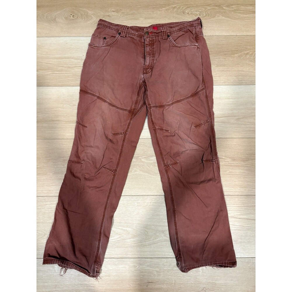 EMS Men's Workwear Stretch Pants Reinforced Knee Red Maroon Distressed 36 x 32